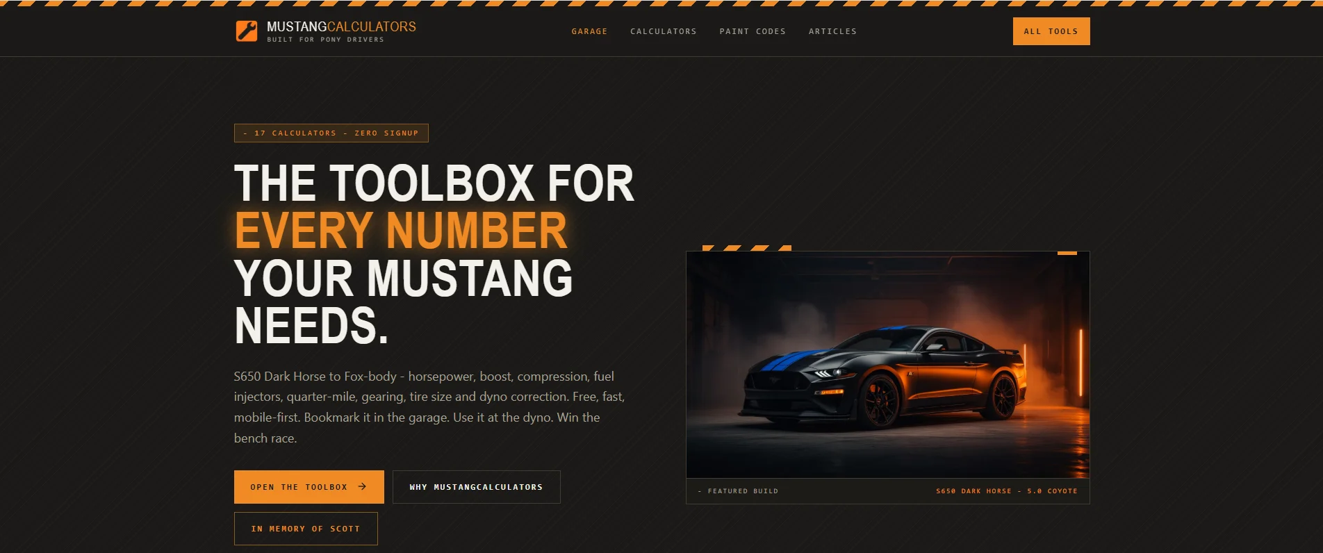 Mustang Calculators website homepage