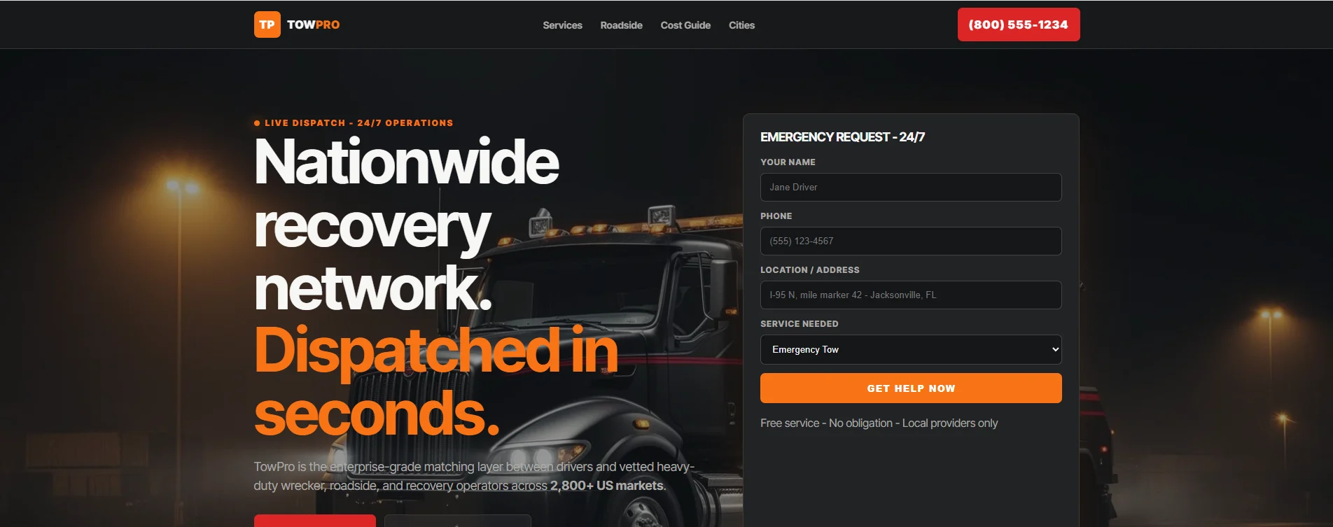 TowPro Towing website homepage with emergency request form